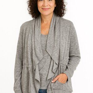 Trina Turk Recreation Cardigan S Grey Waterfall Open Drape Drawstring Layer